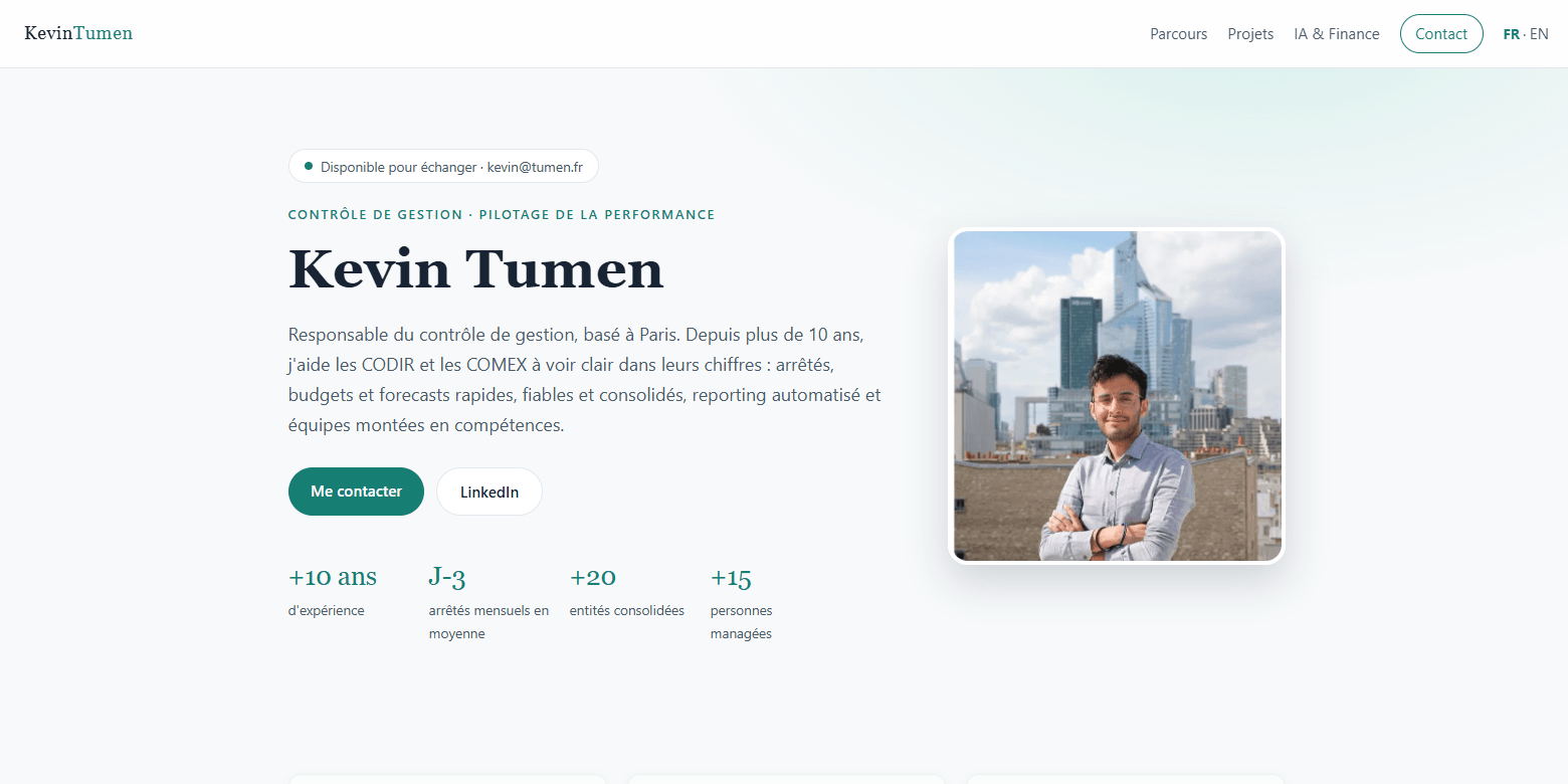 kevintumen.fr — page d'accueil : hero avec photo, badge de disponibilité et indicateurs clés